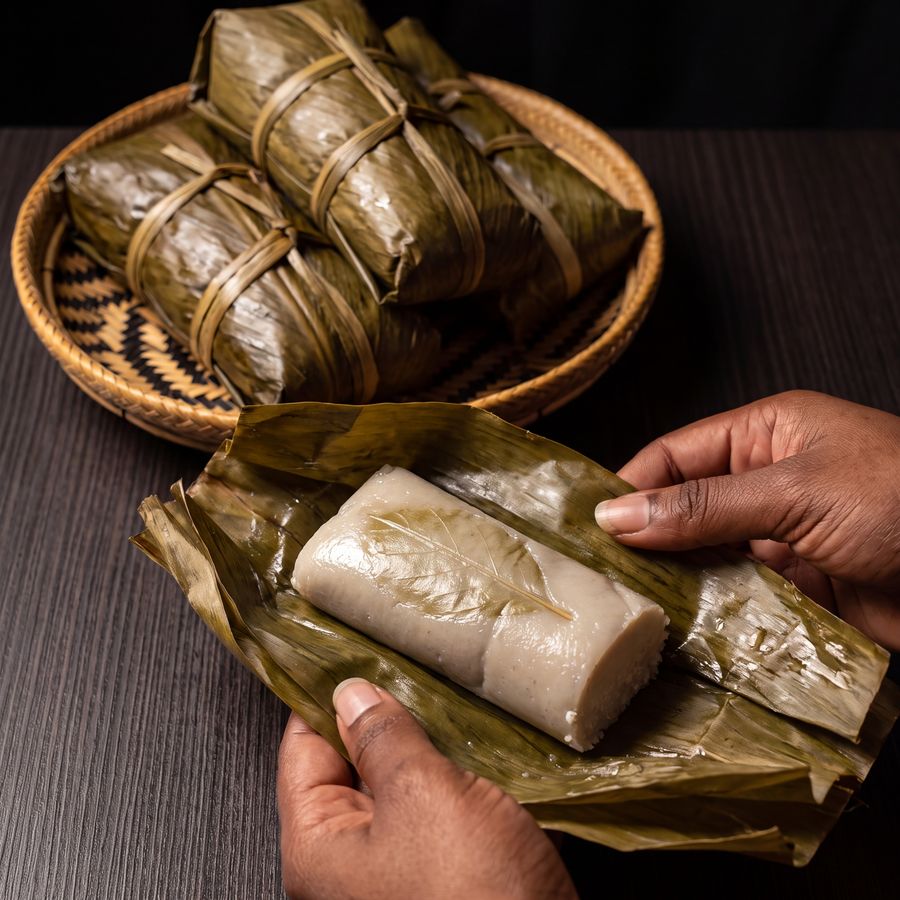 Photo d'une chikwangue, pain de manioc dans ses feuilles, épicerie africaine Sepela à Lyon 7