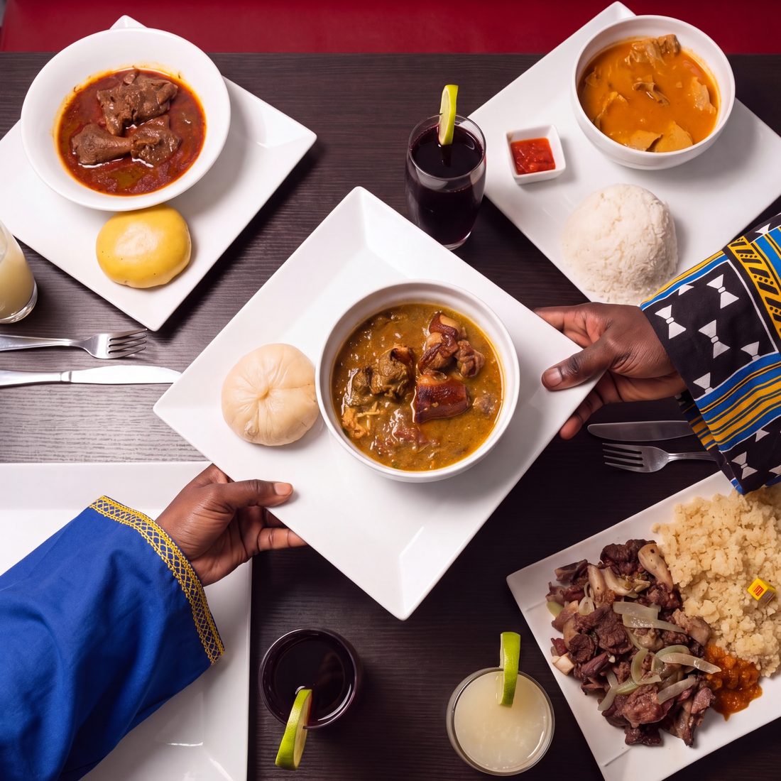 Photo d'une tablée vue du dessus, une sauce gombo et son placali qui passe de main en main entre sauce graine, mafé et choukouya, repas de groupe au restaurant africain Sepela, Lyon 7