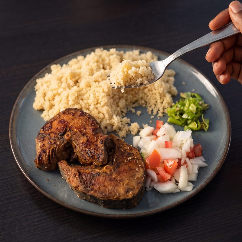 Photo d'un garba, thon braisé et attiéké soulevé à la fourchette, au restaurant africain Sepela à Lyon 7