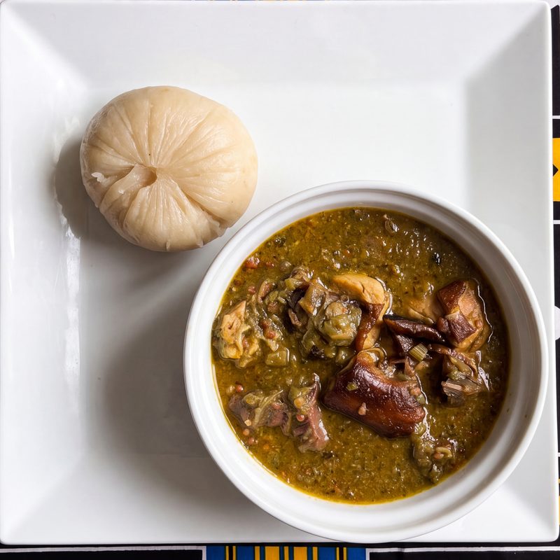 Photo d'une sauce gombo et de son placali, au restaurant africain Sepela à Lyon 7