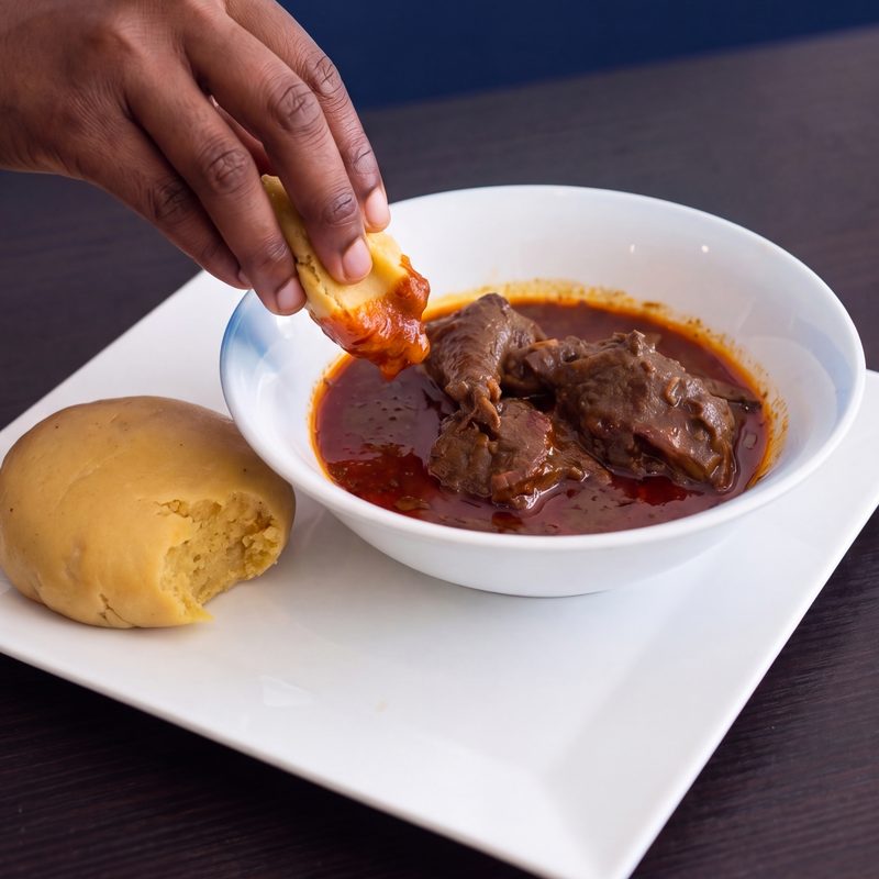 Photo d'une sauce graine et de son foutou, au restaurant africain Sepela à Lyon 7