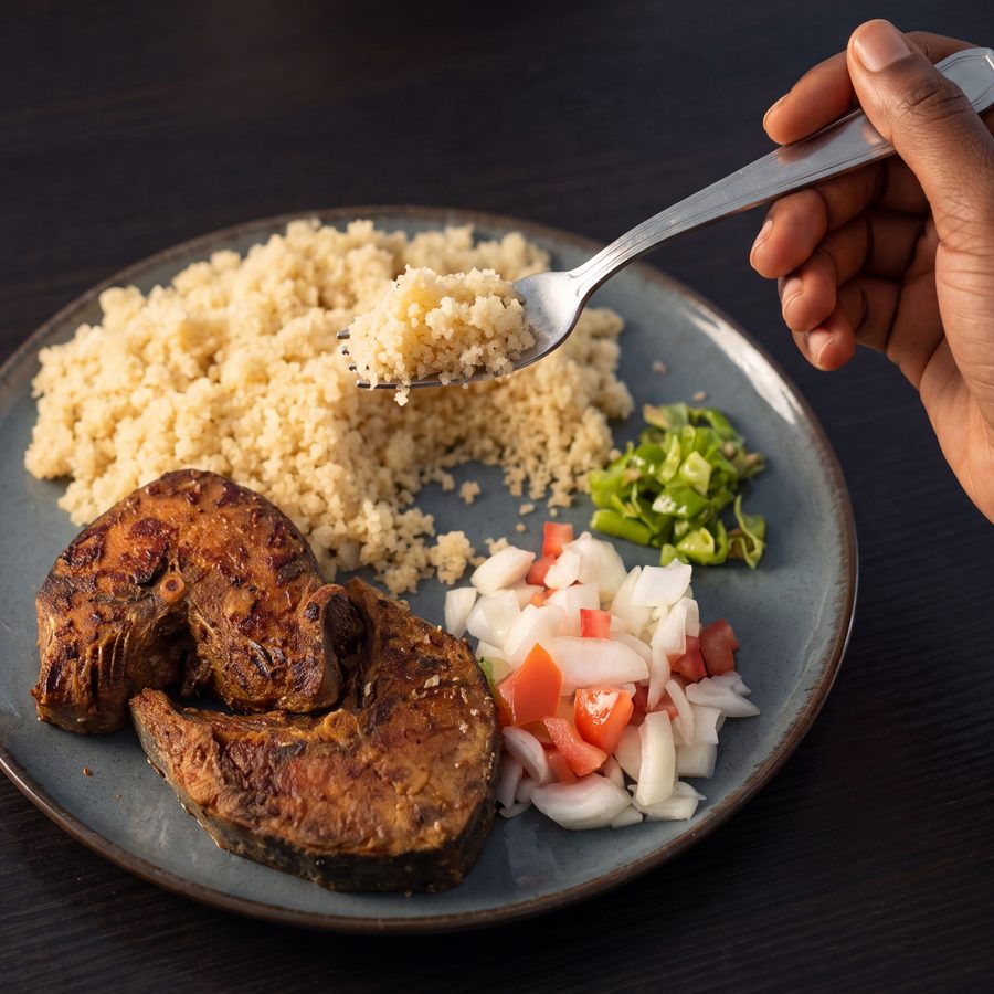Photo d'un garba, thon, attiéké, tomate et oignon, au restaurant africain Sepela à Lyon 7